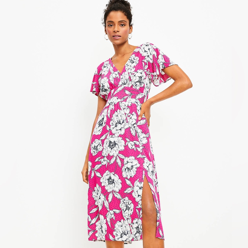 LOFT Peony Garden Flutter Sleeve V-Neck Midi Dress Size 10